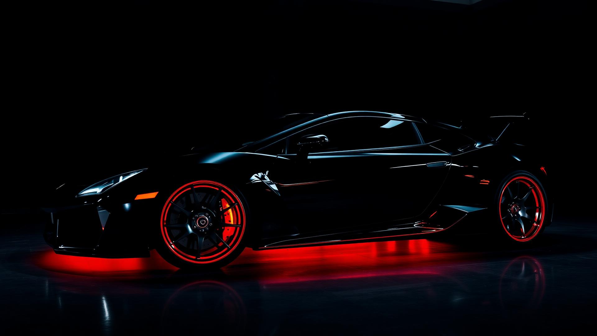 Luxury performance car under red ambient lighting